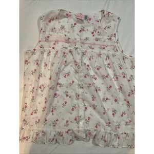 Moon Dance Pajama Set White  w/Pink Flowers Lightweight Ruffle Size Medium G52